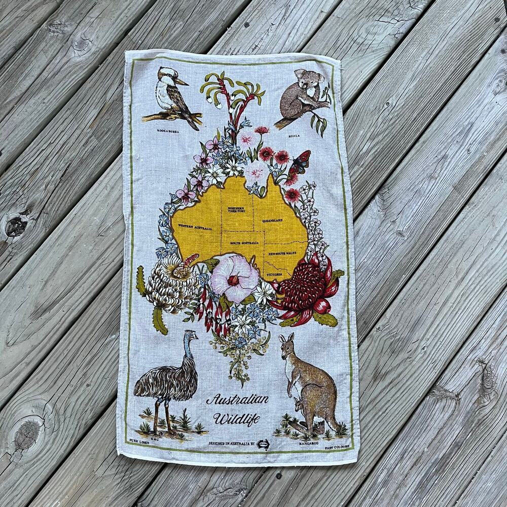 Australian Wildlife Themed Tea Towel Wall Hanging Collectible 100% Linen